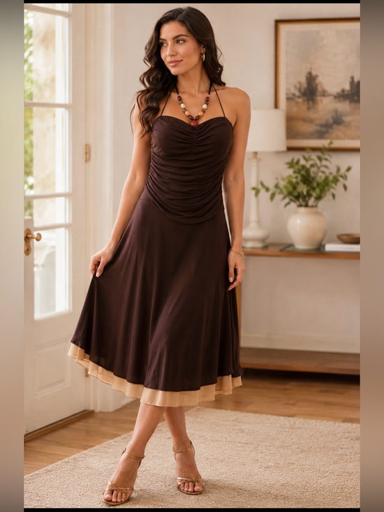Michael Kors Dresses & Skirts - Michael Michael Kors halter with built in necklace brown & beige layers dress M